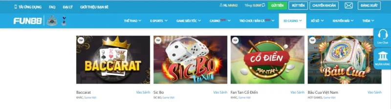 Đăng nhập vào tài khoản Fun 88 và chọn phần sảnh casino