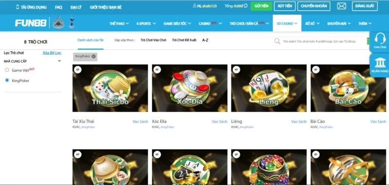 Sảnh 3D KingPoker tại Fun88