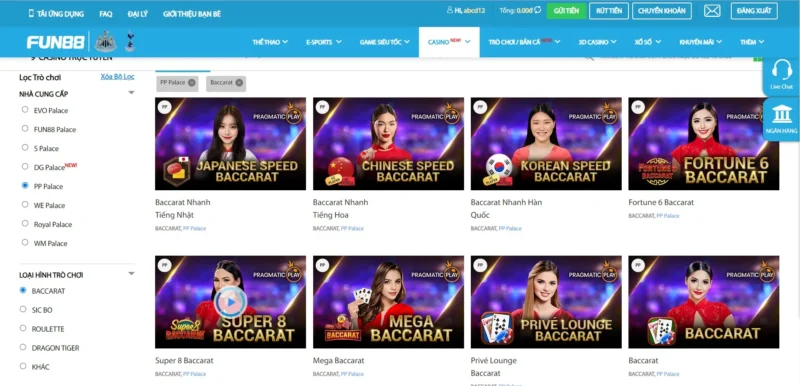 Trò chơi Baccarat tại sảnh cược PP Palace Fun88