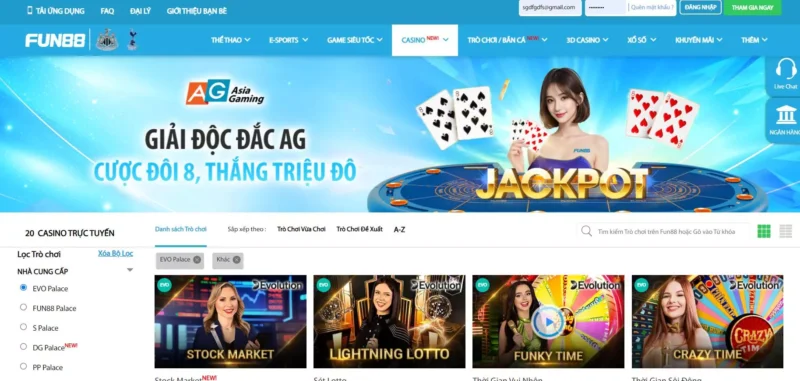 Những tựa game làm nên tên tuổi của sảnh casino Evo palace tại Fun 88