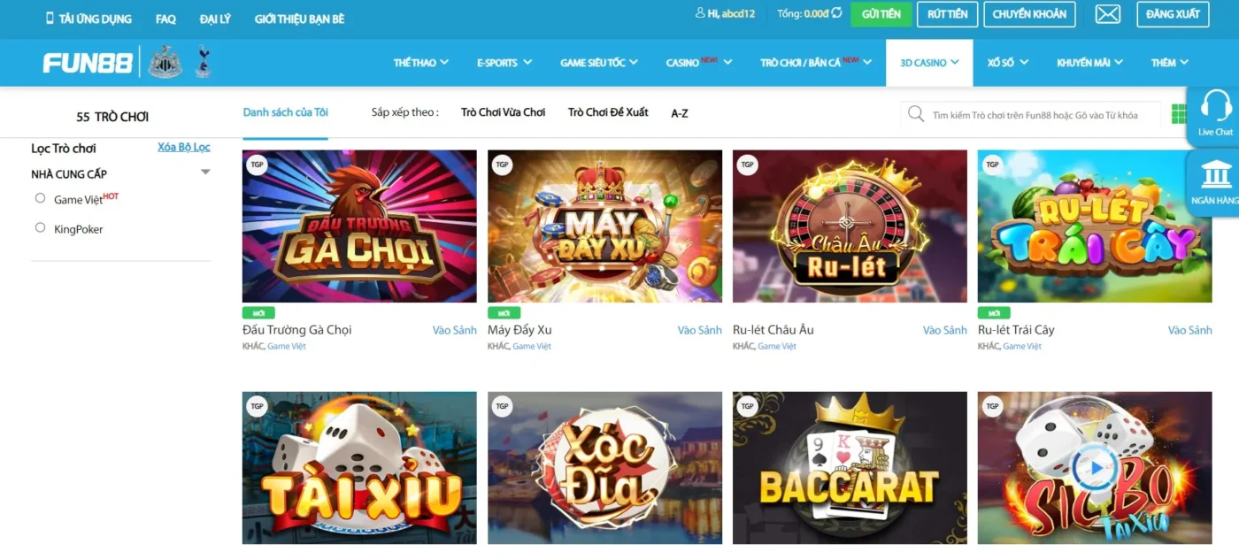 Trò chơi cá cược 3D Casino tại Fun88