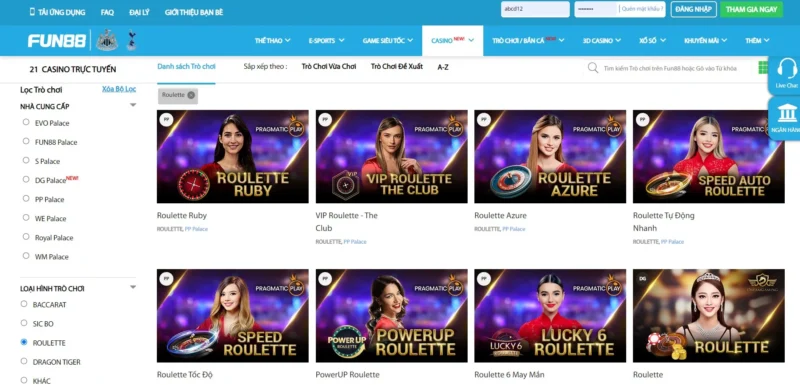 Trò chơi Roulette tại Live Casino Fun88